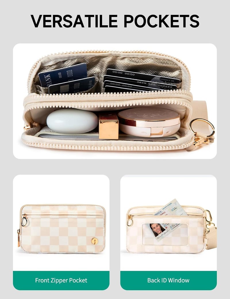 JEEBURYEE Checkered Wristlet Wallets for Women RFID Blocking Small Zipper Nylon Crossbody Bag for Travel Card Phone Organizer Purse with ID Window and 2 Detachable Straps Beige Checkered - Image 2